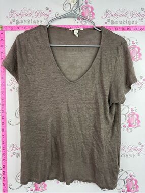 H&M linen tshirt V-Neck Short Sleeve Tee - Taupe Brown